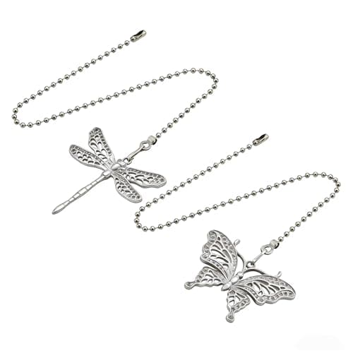 NovaPuff 2 Pack Silver Dragonfly and Butterfly Ceiling Fan Pull Chain, Beaded Light Core Extender Pendant Ornaments Decoration, Decorative Chain Pulls for Ceiling Light Fan Lamp