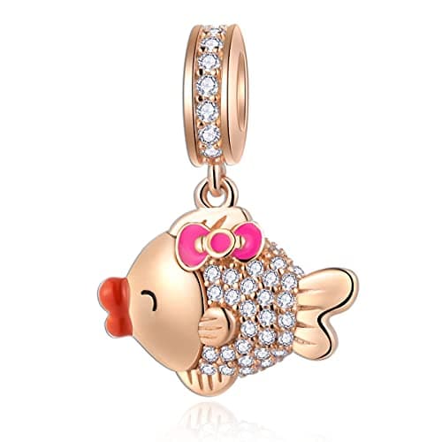 Sambaah Rose Gold Fish Charm Sterling Silver Ocean Charm Pendant Lucky Charm with Cubic Zircona for Women Bracelets