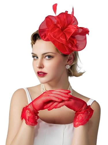 SWEETV Fascinators Hats for Women Tea Party Hat and Gloves Set for Kentucky Fascinator Derby, Cocktail, Wedding, Fancy Dress Party, Vintage Costume Accessory,Red