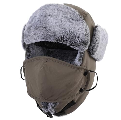 Connectyle Faux Fur Trapper Hat for Men Windproof Trooper Hunting Hat Cold Weather Outdoor Warm Earflap Hat Olive Grey