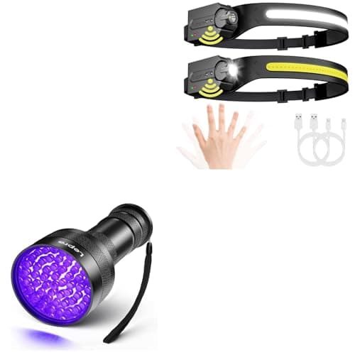 Lepro Bundle - UV Flashlight Black Light, 51 LED UV Light Handheld Blacklight & LED Headlamp Rechargeable - Super Bright Head lamp with Motion Sensor 2 Packs