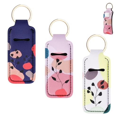 Playexen 3 PCS Chapstick Keychain Holder, Potable Lip Balm Holder with Metal Clip, Lip Gloss Holder Keychain for Lipstick, Chapstick, Lip Balm (Plants)