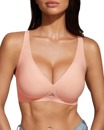 obind Jelly Deep V Bras for Women No Underwire Push Up Seamless Padded Plunge Bralette Wireless Comfortable Supportive T-Shirt Everyday Bra Invisible Under Tight Shirts Nude Pink
