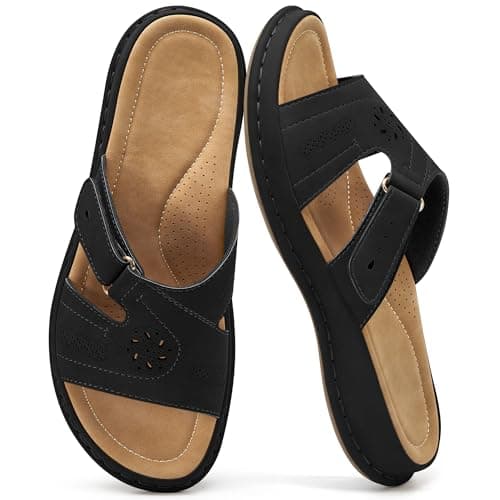 Larwen Womens Casual Slide Sandals: Black 8.5 Adjustable Fit & Non-Slip Rubber Outsole for Errands - Arch Support & Cushioned Memory Foam Insole for Outdoor & Indoor Comfort - For Busy Women