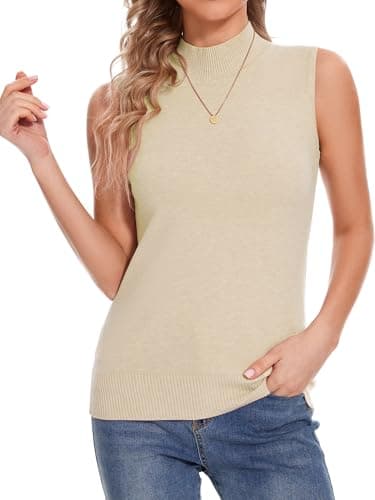 Biffxeu Apricot Mock Turtle Neck Sweater Tops for Women Beige Sleeveless Slim Casual Fitted Knit Tank Business Work Pullover S