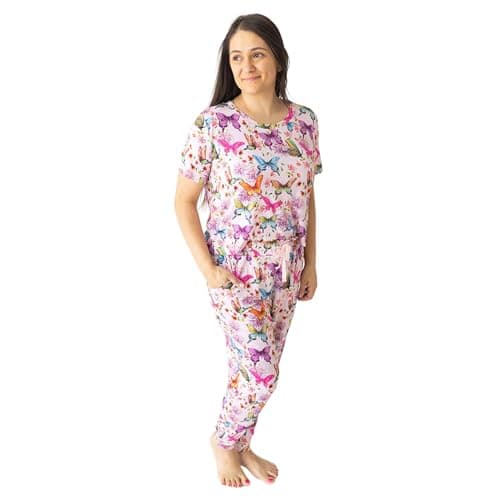 Posh Peanut Adult Pajamas Set - Two Piece Loungewear - Soft Viscose from Bamboo Nightwear PJs (Watercolor Butterfly, Womens - Medium)