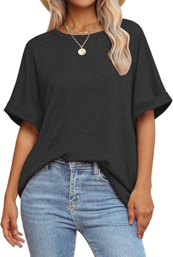 GKBK Womens Oversized T Shirts Crew Neck Short Sleeve Tops Spring Summer Business Dressy Casual Loose Fit Workout Work Basic Tee Blouse 2026 Beach Vacation Trendy Plus Size Clothes Outfit Black M