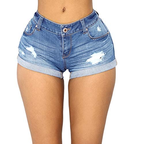 Tulucky Womens Mid Waist Denim Shorts Ripped Hole Juniors Short Jeans(FoldedHemLightBlue,L)