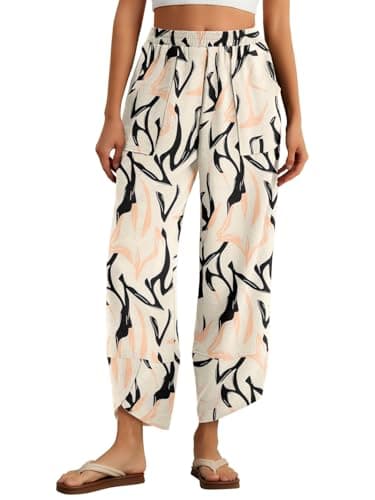 Feiersi Womens Baggy Wide Leg Pants Elastic Waisted Casual Palazzo Harem Pants Summer Beach Trousers(Geometry Ribbon,X-Large)