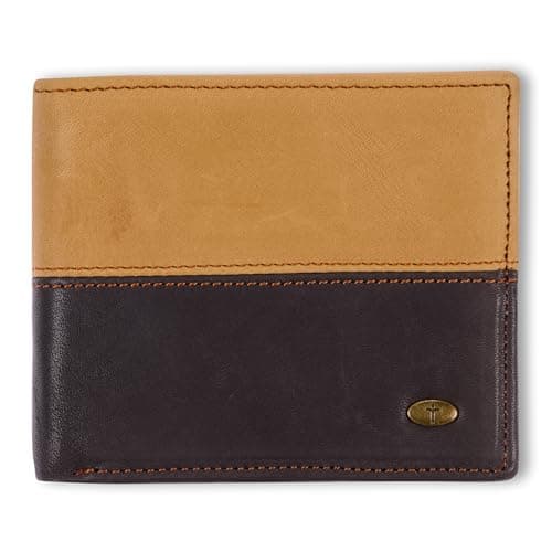 Christian Art Gifts Genuine Classic Full-grain Leather Bi-fold Wallet for Men w/Cross Emblem - RFID Blocking for Cards, ID, Multi-purpose slots, Zip Interior Pocket for Change & Bills, Brown & Tan