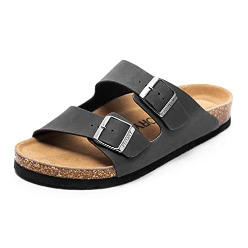 FITORY Mens Leather Insole Sandals with Two Buckles,Open Toe Slides for Indoor and Outdoor Black Size 8-8.5