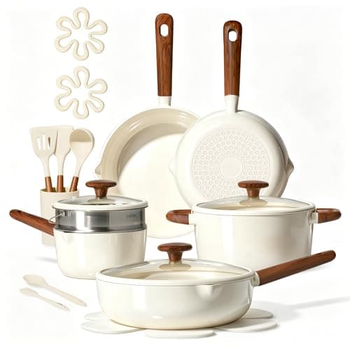 CAROTE 21pcs Cookware Set Nonstick Pots and Pans Set, Ceramic Cookware Set Induction Cookware, Non toxic Healthy Non Stick Kitchen Cooking Set, PFAS PTFE Free, White
