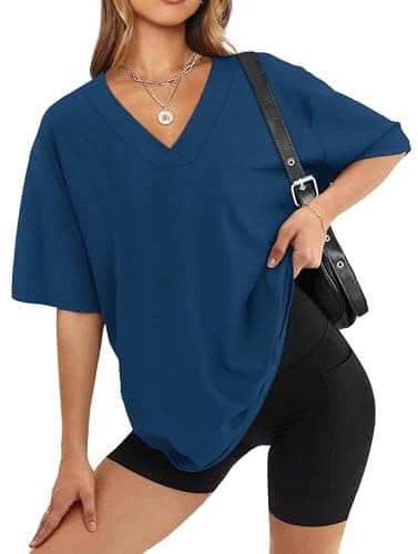 WIHOLL Womens Tops 2026 Summer Trendy Overized Tshirts Short Sleeve Shirts V Neck Spring Outfits Fashion Clothing Plus Size Clothes Navy Blue 4XL