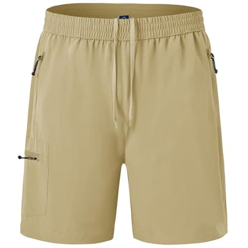 BGOWATU Men's Athletic Hiking Shorts Stretch Quick Dry Sports Gym Shorts with Zipper Pockets for Fishing Travel Light Khaki M