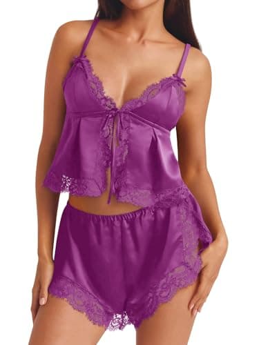 Kolagri Womens Sexy Lingerie Pajama Sets Floral Lace Tie Front Slip Cami High Waist Shorts Set Sleepwear Purple