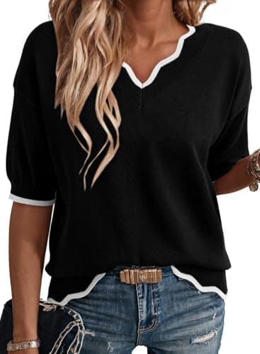 Dokotoo Womens Tops V Neck Fashion Short Sleeve Spring Pullover Pullovers 2026 Lightweight Knit Sweaters Solid Color Trendy Summer Loose Outfits Dressy Casual Blouses Black Women's Clothing XXLarge