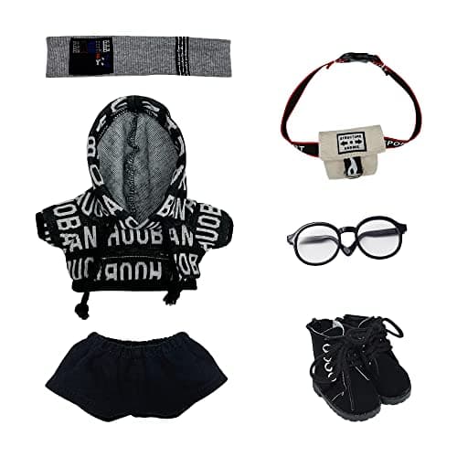 niannyyhouse 15cm Plush Doll Clothes Loose Hip-hop Suit Headwear Hoodie Pants Backpack Glasses Shoes 6in Doll Accessories (Black, 15cm)