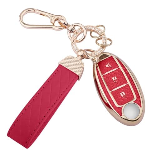 Seedwee for Nissan 3 Buttons Key fob Cover, Soft TPU Keys Protector Bling Key Fob Keychain for Rogue Armada Pathfinder Versa Smart Key, Gold Red
