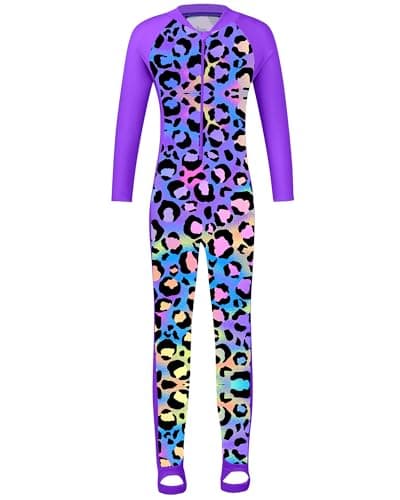 TFJH E Long Sleeve Girls Swimwear One Piece Bathing Suits UV 50+ Rashguard Sunsuits Beachwear Purple Leopard 104/110