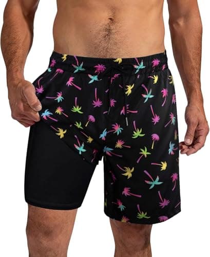 XiaoMoSha Mens Swim Trunks with Compression Liner 7" Quick Dry Board Shorts for Men Bathing Suit with Pockets 2 in 1 Swimwear for Summer Holiday Beach Pants Colorful Tree L