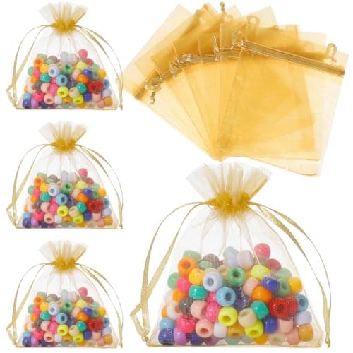 WenTao 100pcs Organza Bags, 3×4 Inches Gold Jewelry Bags Drawstring, Little Mesh Gift Pouches Mini Candy Bags for Small Presents Jewelry Earrings