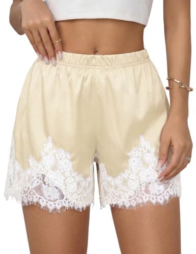 Marvmys Satin Lace Shorts for Women Y2k Slip Pajama Sleeping Bottoms Coquette Cute Mini Lounge Shorts Light Yellow S