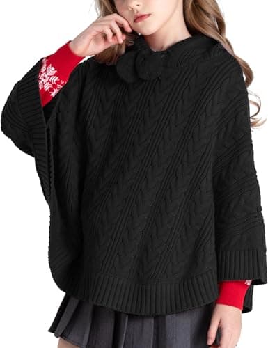 BOBOYOYO Cape for Girls Hooded Cable Knit Poncho Sweaters Kids Shawl Black