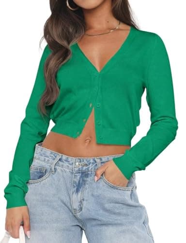 LEEDYA V Neck Sweaters for Women Crop Shirt Jackets Button Down Cardigan Sweater Lightweight Work Trendy Clothes Green XL