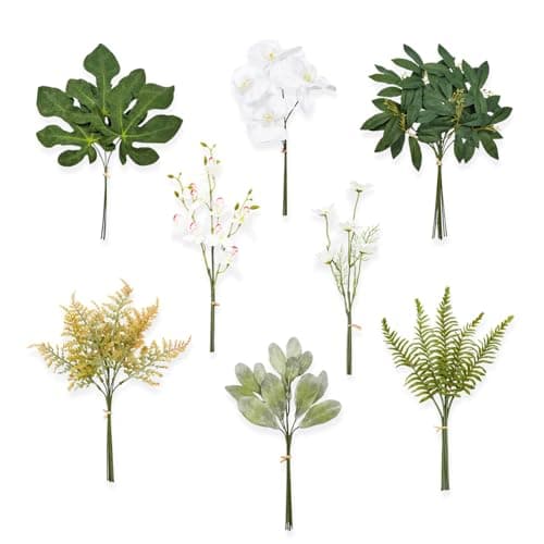 TINGE TIME Artificial Greenery Stems Box Set, 46pcs with 8 Kinds Faux Silk Greenery and Fake Orchid Flowers Bulk for Wedding DIY Bouquets, Bridal Floral Arrangements, Table Centerpieces and Home Decor