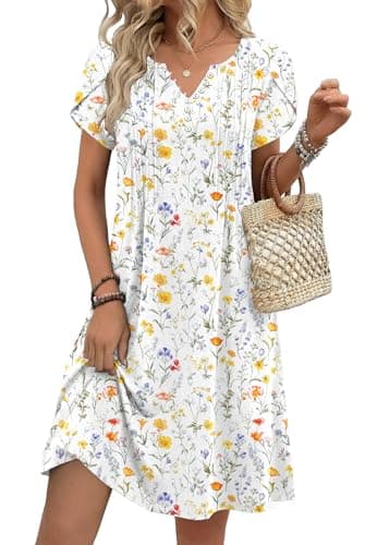 Zeagoo Women's Casual Dresses with Pockets Summer Floral V-Neck A-Line Tshirt Dress Short Sleeve Mini Dress Beach Sundress