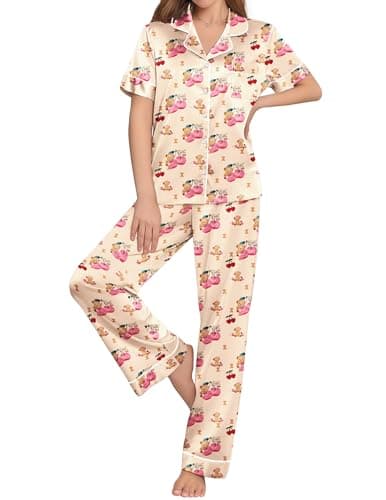 Ekouaer Womens Cute Teddy Bear Silk Pajamas Set Button Down Satin Pjs Short Sleeve Sleepwear Loungewear 2 Piece,XXL