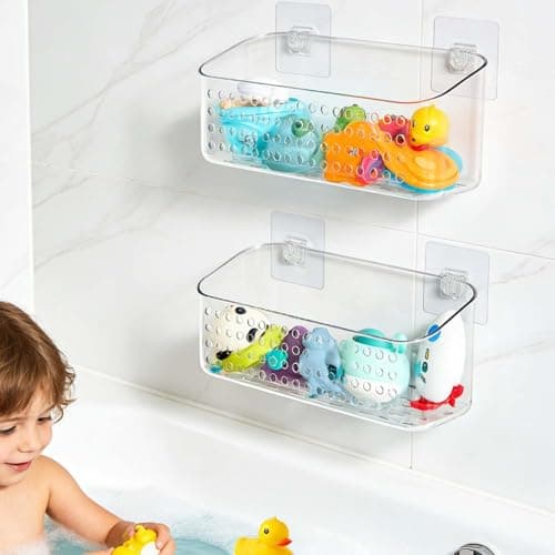 Eunion Bath Toy Storage 2 Packs, Large Bath Toy Holder, Quick Dry Bathtub Toys Organizer, Shower Caddy Shower Organizer for Bathroom Storage, No Drill Shelves Basket, Drainable, Clear White