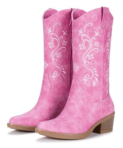 Vepose Women's Cowboy Boots Mid Calf, Floral Embroidered Western Cowgirl, Pointed Toe Low Chunky Heel Pull On, Pink Botas Vaqueras, Walk Country Concert Dance Size 8.5, (CJY9802 pink 08.5)