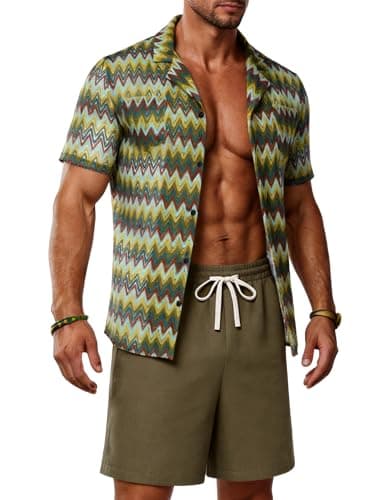 ZSJR Mens 2 Pieces Outfits Summer Beach Set Tracksuit See Through Sheer Hollow Out Short Sleeve Lace Shirts and Shorts Sets