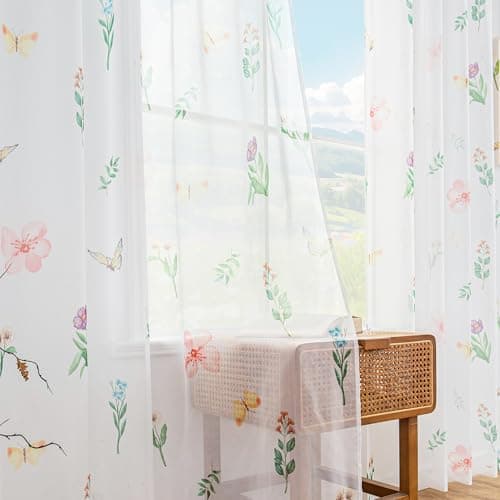 youleyar Floral Sheer Curtains for Living Room 84 Inches Long 2 Panels White Semi-Sheer Curtain with Flower/Leaves Printed Pattern Summer/Spring Rod Pocket Voile Drapes for Bedroom, 52" W x 84" L
