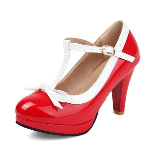 ForeMode Fashion Women T-Strap High Heels Bow Platform Round Toe Pumps Patent Leather Summer Sweet Shoes(Red5,9.5)