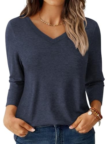 GKBK Womens Tops 3/4 Sleeve Shirts V Neck Casual Blouses Basic Loose Fit Pullover Tshirts Navyblue M