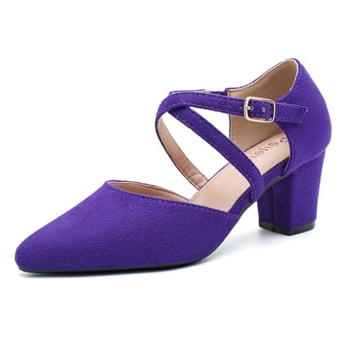 Women's Pointed Toe Pumps, Cross-Strap, Block Heel Dress Shoes Suede Purple 36 - US 5.5