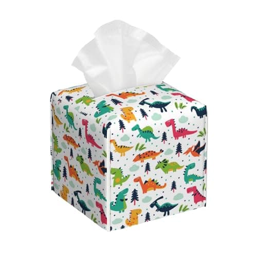 POIUBLE Leather Tissue Box Holder Cartoon Dinosaur Tissue Box Cover Square Waterproof Tissue Holder Organizer Modern Napkin Holder for Bedroom Dresser Night Stand Office Desk