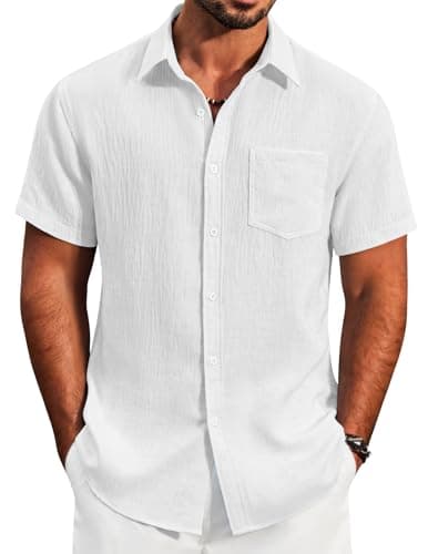 COOFANDY Mens Casual Button Down Shirts Short Sleeve Summer Beach Shirt Textured Wedding Lightweight Shirt White