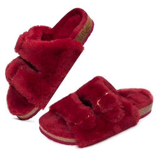FITORY Womens Open Toe Slipper with Cozy Lining,Faux Rabbit Fur Cork Slide Sandals Wine Red Size 9