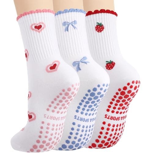 scenicamp 3 Pairs Cute Pilates Sock Ruffle Yoga Socks Non-Slip Crew Sock for Barre Yoga Fitness