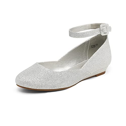 DREAM PAIRS Women's Dress Flats Ballet Low Wedge Round Toe Ankle Strap Comfortable Casual Flats Shoes,Size 5,Silver/Glitter,REVONA