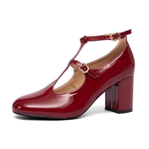 NEWBELLA Women's Patent Leather Pumps - Chunky High Heel Dress Shoes with T-Strap & Ankle Strap, Round Toe Classic Court Shoes for Wedding, Office, Party, Burgundy 6.5