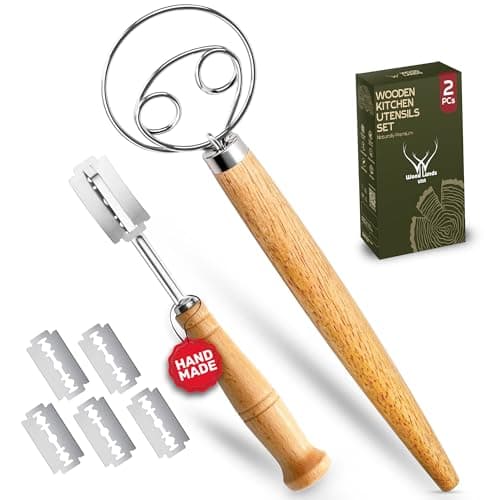 WOODLANDS USA Danish Dough Whisk for sourdough 13 Inch - 304 Stainless Steel Hook with Long Wooden Handle (Dough Whisk + Bread Lame)