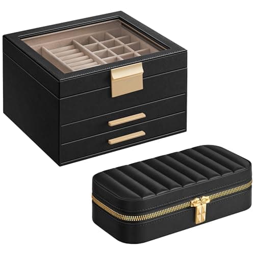 SONGMICS 3-Tier Jewelry Organizer with Glass Lid and Rectangular Travel Jewelry Box Bundle, with Drawers, Mirror, PU, Modern, Gift Idea, Graphite Black and Ink Black UJBC239B03 and UJBC180B01