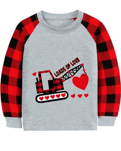 Toddler Boy Valentine's Shirt Girl Heart Crane Truck Buffalo Red Plaid Tshirt Heart Raglan Sleeve Clothes Kids Tee Tops 3T