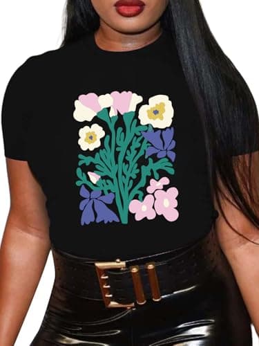 HOUZONIY Black Womens Graphic Colorful Flowers Print Oversized Tshirt Short Sleeve Crew Neck Tees for Women Basic Loose Tops