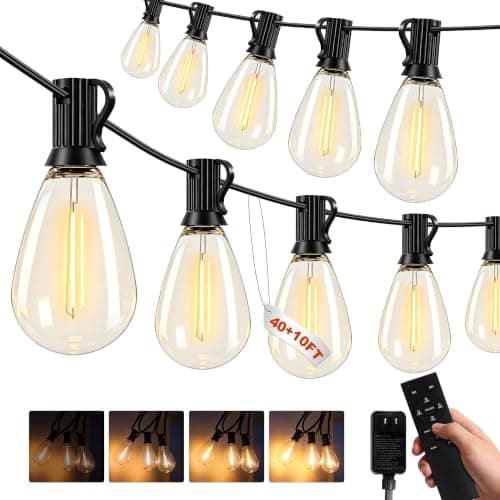 50(40+10)FT Outdoor String Lights, 15m Waterproof Remote LED Patio Lights with 19+1 S11 Bulbs 10FT Extension Cable, Dimmable Outside Hanging Lights for House, Porch,Yard,Garden,Bistro, Gazebo lighting