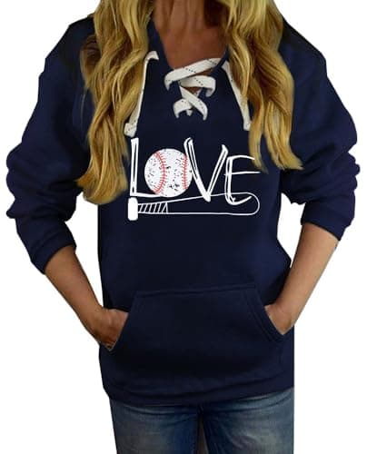Sunidol Womens Baseball Graphic Sweatshirts Lace Up V Neck Long Sleeve Loose Athletic Pullover Hoodie with Pocket Blue XXL